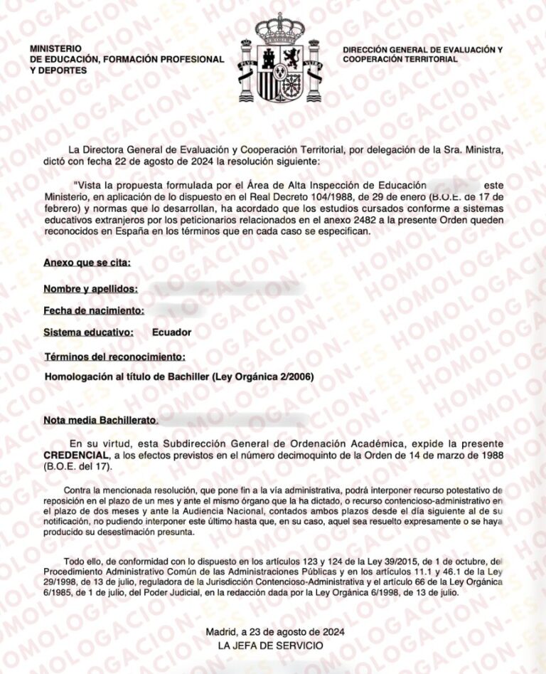 HOMOLOGACION DE TITULO BACHILLER EN ESPAÑA